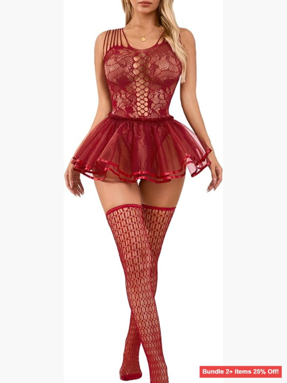 Lace Teddy Chemise Set with Fishnet Stockings & Belt - One Size